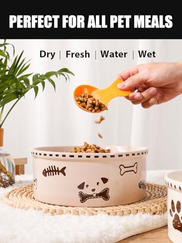 Ceramic Dog Bowl 55oz Heavy Duty Pet Food and Water Bowl for Medium Large Dogs Non Slip Weighted Dog Dish with Cute Bone and Fish Design Easy to Clean - color: Light Pink