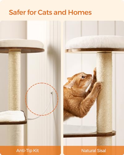 Feandrea Cat Tree, 64.6-Inch Modern Cat Tower, Multi-Level Condo with 5 Scratching Posts, Perch, Washable Removable Cushions, Cave, Rustic Brown UPCT166X01 - color: Rustic Brown
