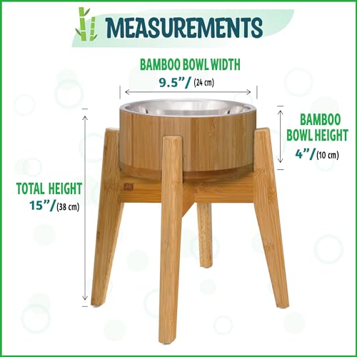 Elevated Dog Bowls for Large Breed - (15-Inch High) Raised Food/Water Bowl with Stand - Bamboo-Steel, Dry/Wet Food Suitable - color: Bamboo-N15, size: Height: 15" Bowl: 9.5"