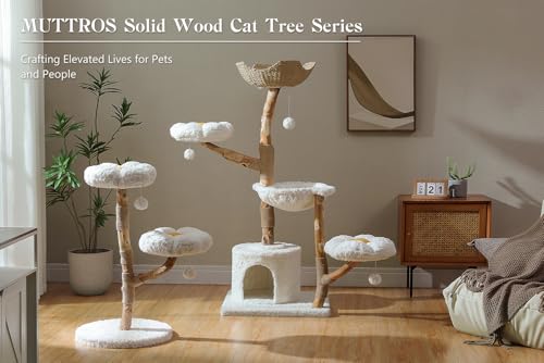 MUTTROS 59" Modern Cat Tree Tower for Large Cats w/2 Flower Perches-Natural Solid Wood Scratching Post with Real Branch-Luxury Boho Cat Furniture w/Condo & Wicker Basket Bed, Cloud White - color: Cloud White, size: 59" Solid Wood Cat Tree
