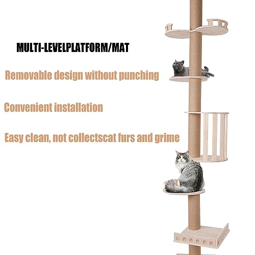 Modern Wooden Floor-to-Ceiling Cat Tree Tower, with Natural Sisal Rope Scratching Post, Height 100.4-104.3 Inch, Activity Center Cat Climbing Tower for Kittens & Large Cats