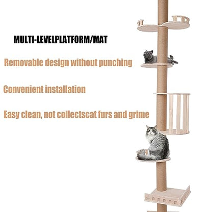 Modern Wooden Floor-to-Ceiling Cat Tree Tower, with Natural Sisal Rope Scratching Post, Height 100.4-104.3 Inch, Activity Center Cat Climbing Tower for Kittens & Large Cats