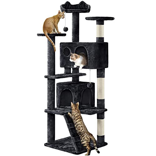 Yaheetech 62in Cat Tree Cat Tower for Indoor Kitten, Pet Furniture w/Double Condo, Scratching Posts, Multiple Platforms and Balls for Kittens, Black - color: Black, size: 62in