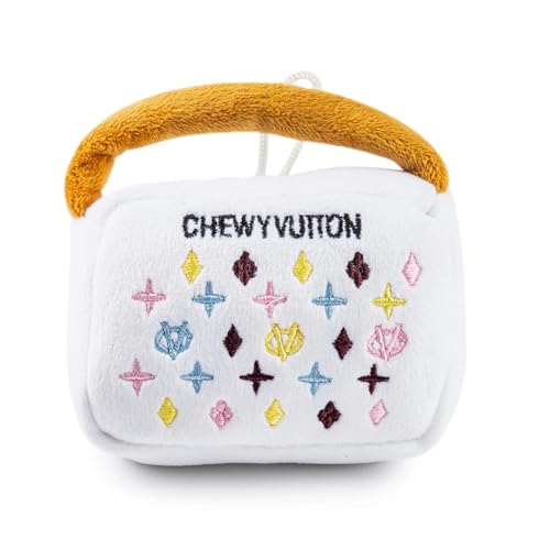 Haute Diggity Dog Chewy Vuiton Handbag Plush Squeaky Dog Toy, Soft Durable Designer-Inspired Stuffed Puppy Chew Toys for Small & Medium Dogs, Machine-Washable (White) Small - color: White Purse, size: Small