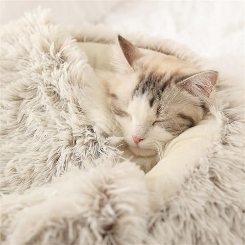 Calming Cat Cave Bed with Hooded Cover, Short-Haired Plush Washable Bed with Non-Slip Bottom, Comfortable and Cozy Round Bed for Small and Medium Cats, Anti-Anxiety Pet Bed(40cm/15.7inches, Gray)