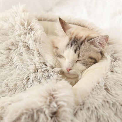 Calming Cat Cave Bed with Hooded Cover, Short-Haired Plush Washable Bed with Non-Slip Bottom, Comfortable and Cozy Round Bed for Small and Medium Cats, Anti-Anxiety Pet Bed(40cm/15.7inches, Gray)