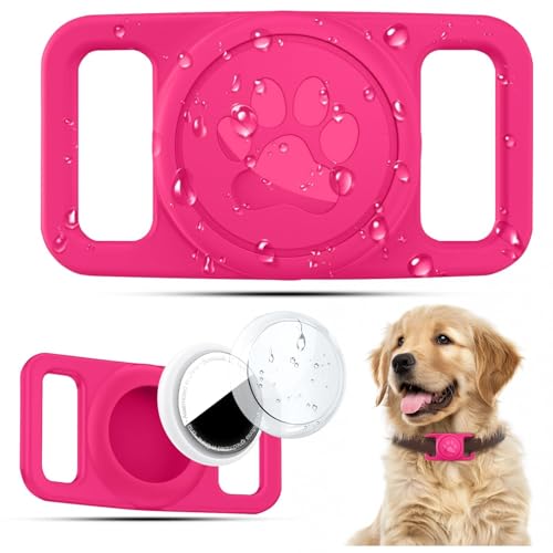 Linsaner Waterproof Dog Collar Holder for AirTag 1st & 2nd Gen, No Dangle Silicone Case for Apple for Air Tag, Full Cover Paw Print GPS Tracker Protective Accessories for Pet Puppy Cat, Hot Pink - color: A7-Hot Pink