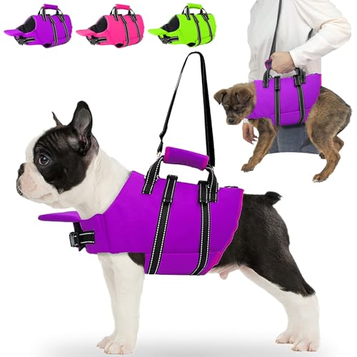 Dog Life Jacket with Self-Locking Zipper, High-Buoyancy Ripstop Dog Swimming Vest, Floating Vest with Rescue Handle for Swimming and Boating, PFD Available for Small, Medium, and Large Dogs - color: Purple, size: Small