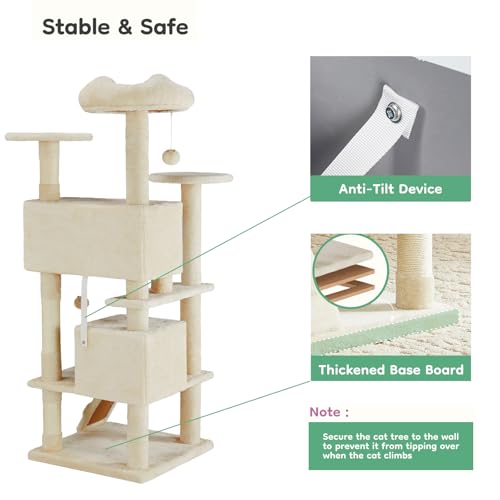 Cat Tree Tower, 54-Inch Cat Tree for Indoor Cats, Multi-Level Furniture Activity Center Cat Tower with Scratching Post, Beige