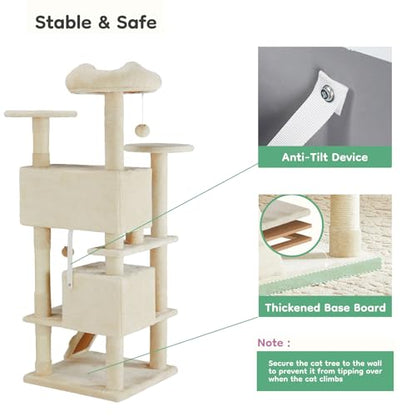 Cat Tree Tower, 54-Inch Cat Tree for Indoor Cats, Multi-Level Furniture Activity Center Cat Tower with Scratching Post, Beige