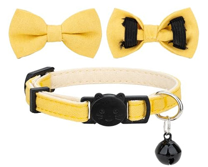 Cat Collar with Bow Tie Bell Breakaway Bowtie 2pcs Set Spring Plaid Flower Floral Solid Boy Girl Cute Kitten Safety B [Plaid & Solid] Yellow - color: B [Plaid & Solid] Yellow