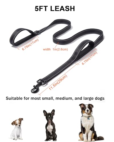 Aeclleca Soft Handle Reflective Black Dog Leash with 2 Padded Handles, 5FT Heavy Duty Pet Lead for Medium & Large Dogs, Comfortable Anti-Slip Grip & Night Safety Design (Black) - color: Black