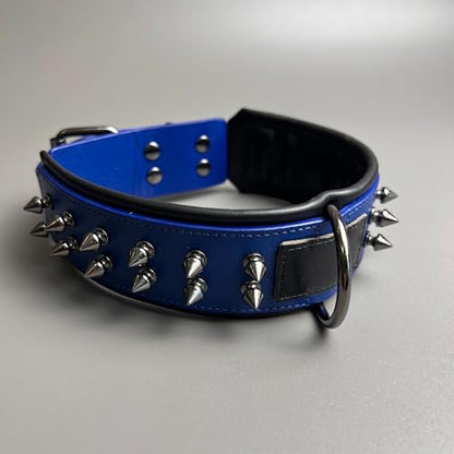 Luxury Leather Spike Dog Collar, Double-Layer Soft Cowhide, Punk Style for Medium and Large Dogs, Pit Bulls, Rowena (Blue,XL-Neck 49-57cm) - color: Blue, size: XL-neck 49-57cm