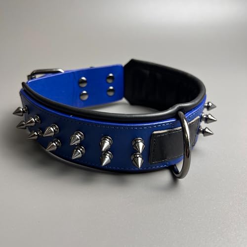 Luxury Leather Spike Dog Collar, Double-Layer Soft Cowhide, Punk Style for Medium and Large Dogs, Pit Bulls, Rowena (Blue,M-Neck 33-41cm) - color: Blue, size: M-neck 33-41cm