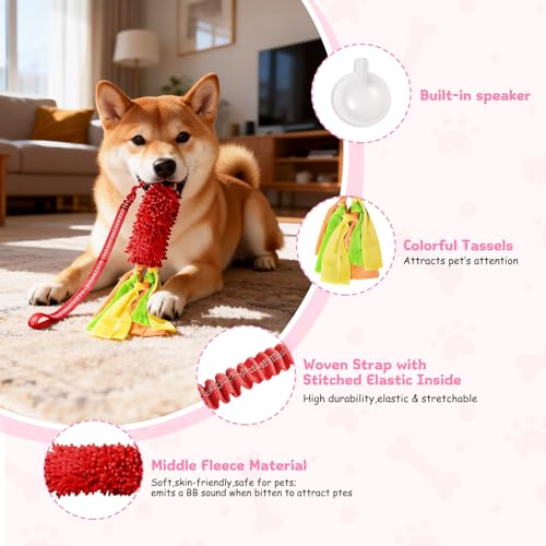 Squeaky Dog Tug Toy, Interactive Tug of War Rope Toys for Small Medium Large Dog, Soft Chenille Chewing Dog Rope Toys for Puppy Training and Play Games - color: Red