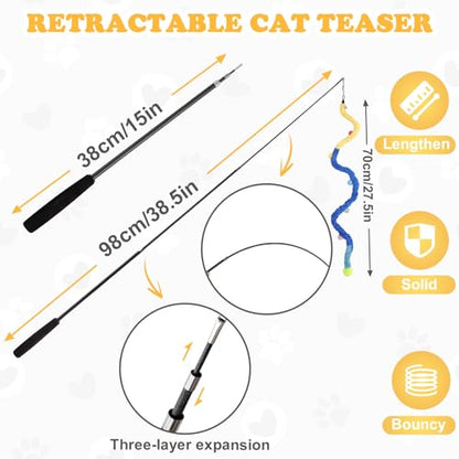 Cat Wand Toy, 8Pcs Retractable Plush Srtip Cat Teaser Wand Toys with Bell & String, Long Interactive Wand Toys for Indoor Kitten, Exercise - size: 7pcs&1pole