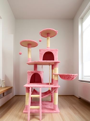 Cat Tree 60.63 inches Cat Tower for Indoor Cats, Multi-Level Cat Condo Furniture with Scratching Posts, Plush Perches, Activity Center with Cozy Basket & Hammock for Cats (Pink) - color: Pink
