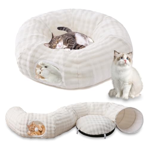 Bubble Cat Tunnel for Indoor Cats, Round Peekaboo Cave Toy with Dangling Balls, Donut Tunnel Bed with Circle Mat for Puppy Kitten Rabbit, Cream White - color: Cream White