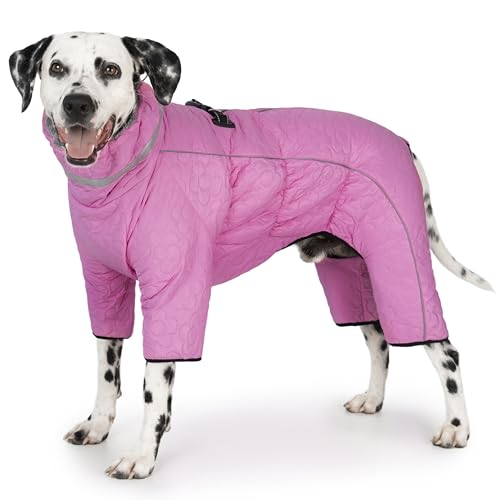 Four Legged Dog Winter Coat for Small Dogs, Warm Puppy Onesie Clothes Christmas, Reflective Turtleneck Dog Jacket with Buckles & D-Rings, Puffer Cold Weather Coat Zipper - color: Pink, size: Large