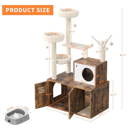 Cat Litter Box Enclosure with Tree Tower and Condo, Hidden Pet Washroom Furniture with Sisal Scratching Post,Hammocks and Soft Plush Perch, Wooden Cat Furniture with Multiple Platforms,Rustic Brown - color: Rustic Brown