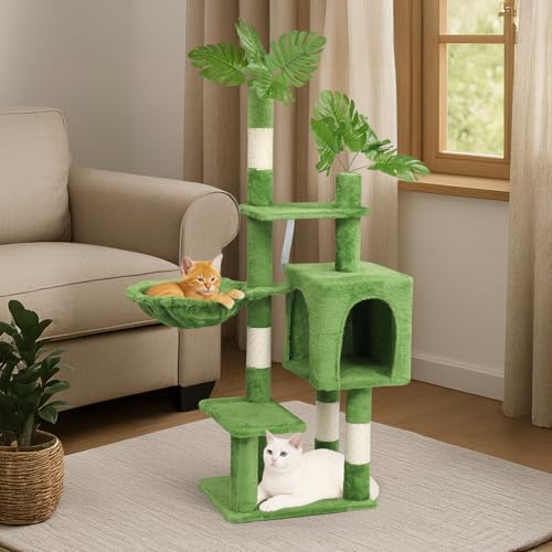 Outvita Cat Tree 48in Monstera Cat Tower with Leaves, Multi-Level Cat Tree Tower with Condo, Cozy Plush Hammock, Dangling Toy, Sisal Scratching Posts, Large Pet Activity Center for Indoor Cats, Green - size: 48" Green