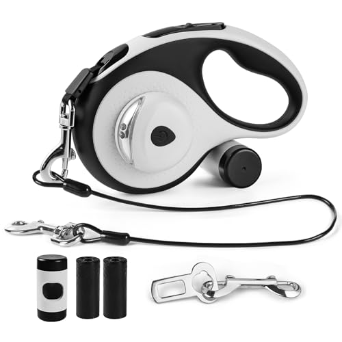 26ft Heavy Duty Retractable Dog Leash for Large Dogs, Dog Leash with Poop Bag Holder, Up to 100lbs, With LED Light, Chew Proof Cable, One-Handed Pause & Lock, 360° No Tangle. (White+, 26Ft) - color: White+