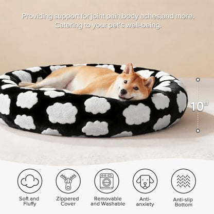 JOEJOY Donut Large Dog Bed, Cute Round Calming Dog Bed with Removable Washable Cover, Orthopedic Pet Beds with Jacquard Shaggy Plush & Non Skid Bottom, Black - color: Black, size: L (36x36x10)