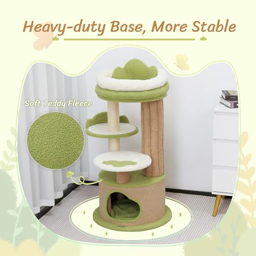 KAMABOKO 42.5" Cute Cat Tree, Green Cat Tree for Indoor Cats, Aesthetic Cat Tower with Teddy Fleece, Cats Condo, Unique Cat Furniture for Small Space - Perfect for Your Feline Pal - size: 42.5''H