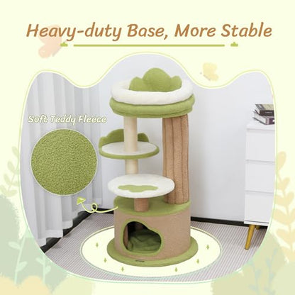 KAMABOKO 42.5" Cute Cat Tree, Green Cat Tree for Indoor Cats, Aesthetic Cat Tower with Teddy Fleece, Cats Condo, Unique Cat Furniture for Small Space - Perfect for Your Feline Pal - size: 42.5''H