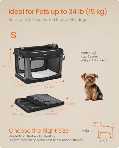 Feandrea Collapsible Dog Crate, 20-Inch Portable Dog Travel Crate for Small Dogs, Oxford Fabric Pet Carrier with 4 Mesh Doors, Handles, Storage Pocket, Water Bottle Holder, Ink Black UPDC015BH02 - size: S（20"L x 14"W x 14"H）