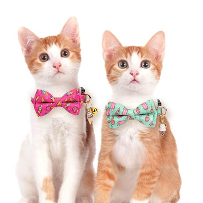 2 Pack Cotton Cat Collar with Bow Tie and Bell for Girl Boy Cats,Cute Pink Flamingo and Blue Whale Pattern Spring Summer Breakaway Cat Collar for Male Female Cats (Ice Cream) - color: Ice Cream