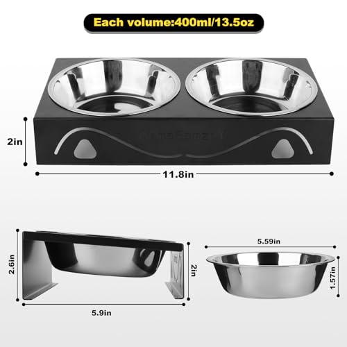 All-Metal Cat Food Bowl Raised, 5.5" WideTilted Whisker-Fatigue Pet Dish, Anti-Vomiting, 2 Stainless Steel Bowls for Food Water, Non-Slip Elevated Cat Feeding Stand for Indoor Multi Cats,Puppy, Black - color: Black-1