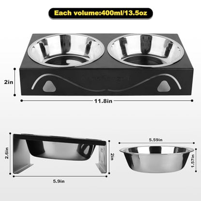 All-Metal Cat Food Bowl Raised, 5.5" WideTilted Whisker-Fatigue Pet Dish, Anti-Vomiting, 2 Stainless Steel Bowls for Food Water, Non-Slip Elevated Cat Feeding Stand for Indoor Multi Cats,Puppy, Black - color: Black-1