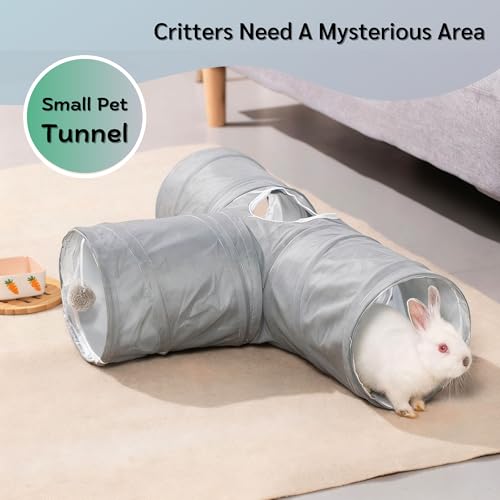 Guinea Pig Tunnel 3 Way Guinea Pigs Hideout Foldable Small Animal Hideaway Play Tube Toys for Bunny Rabbit Hedgehogs Hamster Chinchilla Ferret Accessories(Solid Grey)