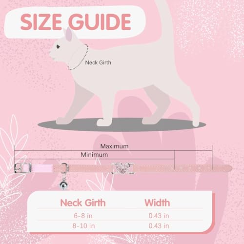 BINGPET Diamond Cat Collar,Adjustable Soft Velvet Leather Safe Kitten Collar with Crystal Heart Charm and Bells,Girl Boy Bling Stylish Cat Collars with Safety Elastic (Pink, Neck Girth 8"-10") - color: Pink(Heart), size: Neck Girth 8"-10"