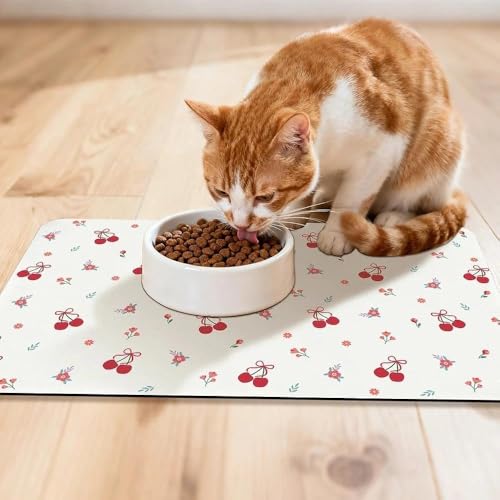 Dog Food Mat for Pet Cat Food Mat, Cherry Absorbent Quick Dry Dog Bowl Mats for Food and Water, Non-Slip Cat Pet Feeding Mats for Floor Placemats 12"x20" - color: Cherry, size: 20"L x 20"W
