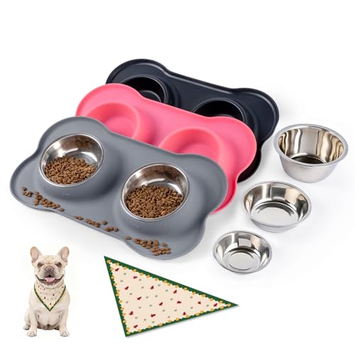 Conlun Dog Bowls with Silicone Feeding Mat,No Spill Food Water Dish Set,Dishwasher Safe,2 Stainless Steel Puppy Bowls with Dogs Bandanas,Suitable for Tiny Pets Under 8lbs,Extra Small,Grey - color: Grey, size: Extra Small-5 oz