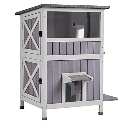 Aivituvin 2-Story Outdoor/Indoor Cat House - Solid Wood Kitty Condo with Escape Door, Removable Floors, Weatherproof Asphalt Roof & Sun Balcony