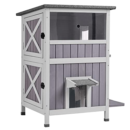Aivituvin 2-Story Outdoor/Indoor Cat House - Solid Wood Kitty Condo with Escape Door, Removable Floors, Weatherproof Asphalt Roof & Sun Balcony