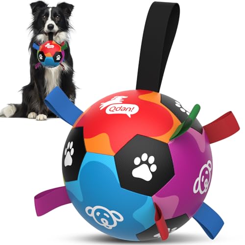 QDAN Dog Toys, Durable Dog Balls with Straps to Keep Them Busy, Outdoor Dog Soccer Ball for Small Medium Large Pets, Birthday Toy, Interactive Training Herding Ball (6 Inch) - color: Colorful, size: Medium