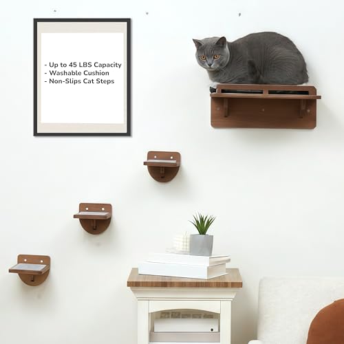45LBS Cat Wall Shelves with 3 Non-Slips Steps, Space-Saving Mounted Cat Wall Furniture & Shelf with Washable Cushion, Indoor Shelf for Large Cats, Durable Perch for Climbing (Brown, Large) - color: Brown, size: Cat Wall Shelves