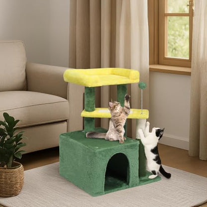 Outvita Cat Tree 27.5in Small Cat Tower, Multi-Level Cat Tree Tower with Cat Scratching Post and Pad, Cozy Cat Condo, Padded Top Bed for Kittens and Indoor Cats, Yellow & Green - size: 27.5" Yellow & Green