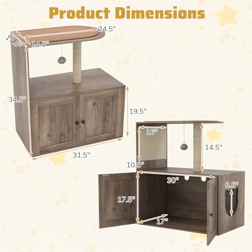Tangkula Cat Tree with Litter Box Enclosure, Hidden Litter Box Cat Tower with Sisal Scratching Post & Mat, Dangling Ball, Vented Holes, Farmhouse Cat House Washroom (Oak Gray)