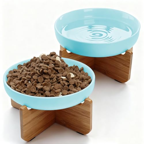 Shallow Elevated Cat Bowls with Bamboo Stand, 6.1 Inch Wide Ceramic Cat Dish Whisker Friendly, 2 Pack Pet Food and Water Plates - color: Blue 2 pack
