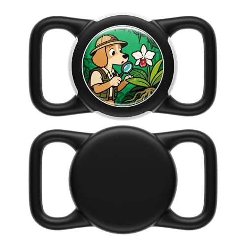 Dog AirTag Holder for Dog Collar, Soft Silicone Slide-On Case for Apple AirTag, No-Dangle Quiet Protective Holder with Eye-Catching Pet Character Designs, Black-Jungle Explorer - color: Black-Jungle Explorer, size: Regular