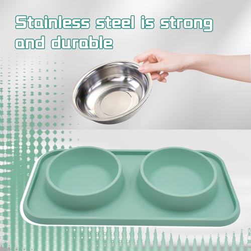 Double Dog Food Bowls Stainless Steel with No Spill Non Skid Silicone Mat Removable Dog Water and Food Bowls Set Durable Feeding for Small Dogs Puppy Cat Kitten(Blue) - color: 【Blue】