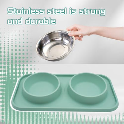 Double Dog Food Bowls Stainless Steel with No Spill Non Skid Silicone Mat Removable Dog Water and Food Bowls Set Durable Feeding for Small Dogs Puppy Cat Kitten(Blue) - color: 【Blue】