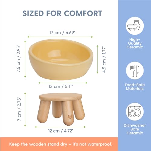 The Cat Ladies Tilted Ceramic Cat Bowl - Elevated Food Bowls Ceramic Pet Bowl - Raised Ceramics Bowls - Elevated & Tilted Design for Comfortable Eating - Dishwasher Safe - Wide Opening - color: Sunshine Yellow