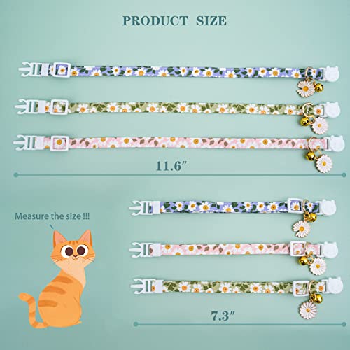 Faygarsle 3 Pack Cotton Safe Breakaway Cat Collars with Bell Daisy Charm Green Blue Pink Kitty Kitten Cute Cat Collars for Girl Cats Female Cats - color: Pink&Green&Blue3.0