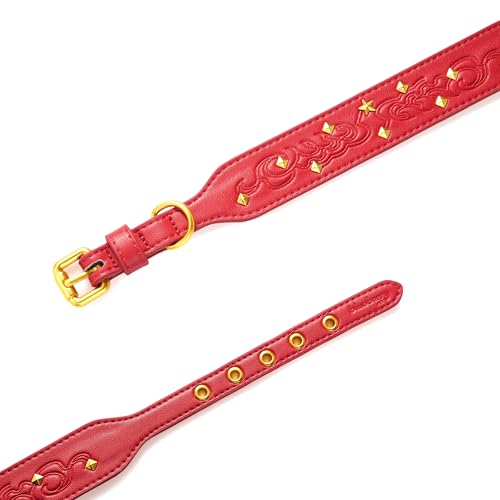 Blueberry Pet Premium Embossed Red Glam Silver-Powered Freshness Microfiber Leather Dog Collar with Gold Studs - color: Red, size: Small